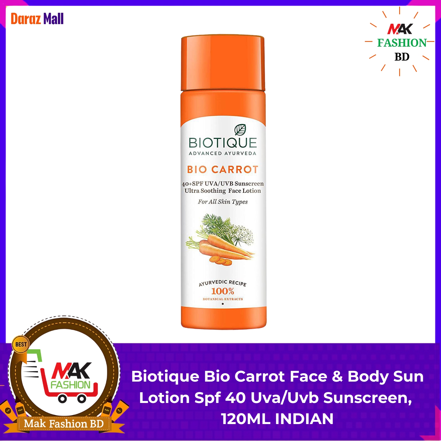 Biotique Advanced Ayurveda Sun Sheild Carrot 40+ SPF UVB PA+++ UVA Sun Screen Ultra Protective Lotion 120ml INDIAN 240337419