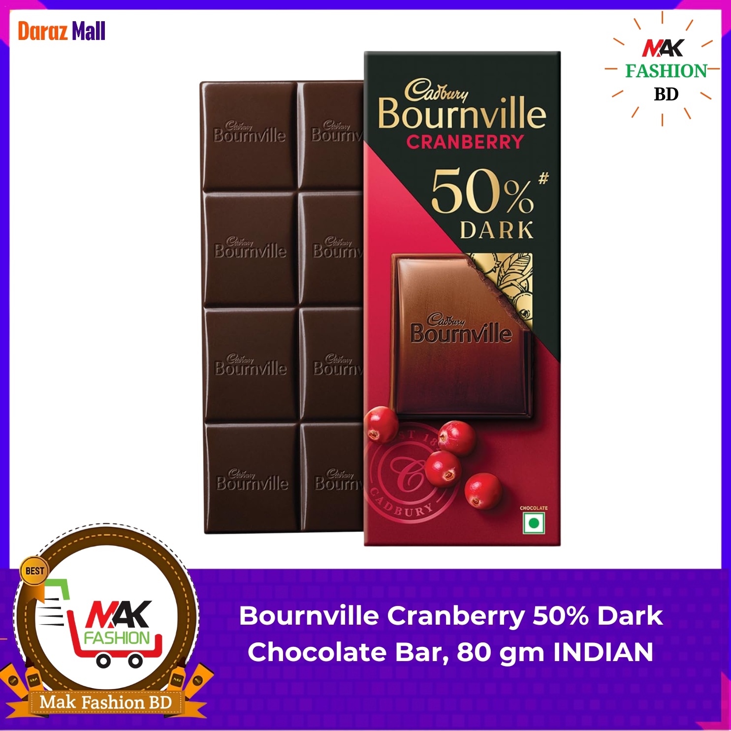 Cadbury Bournville Cranberry 50% Dark Chocolate Bar 80gm INDIAN  279996096