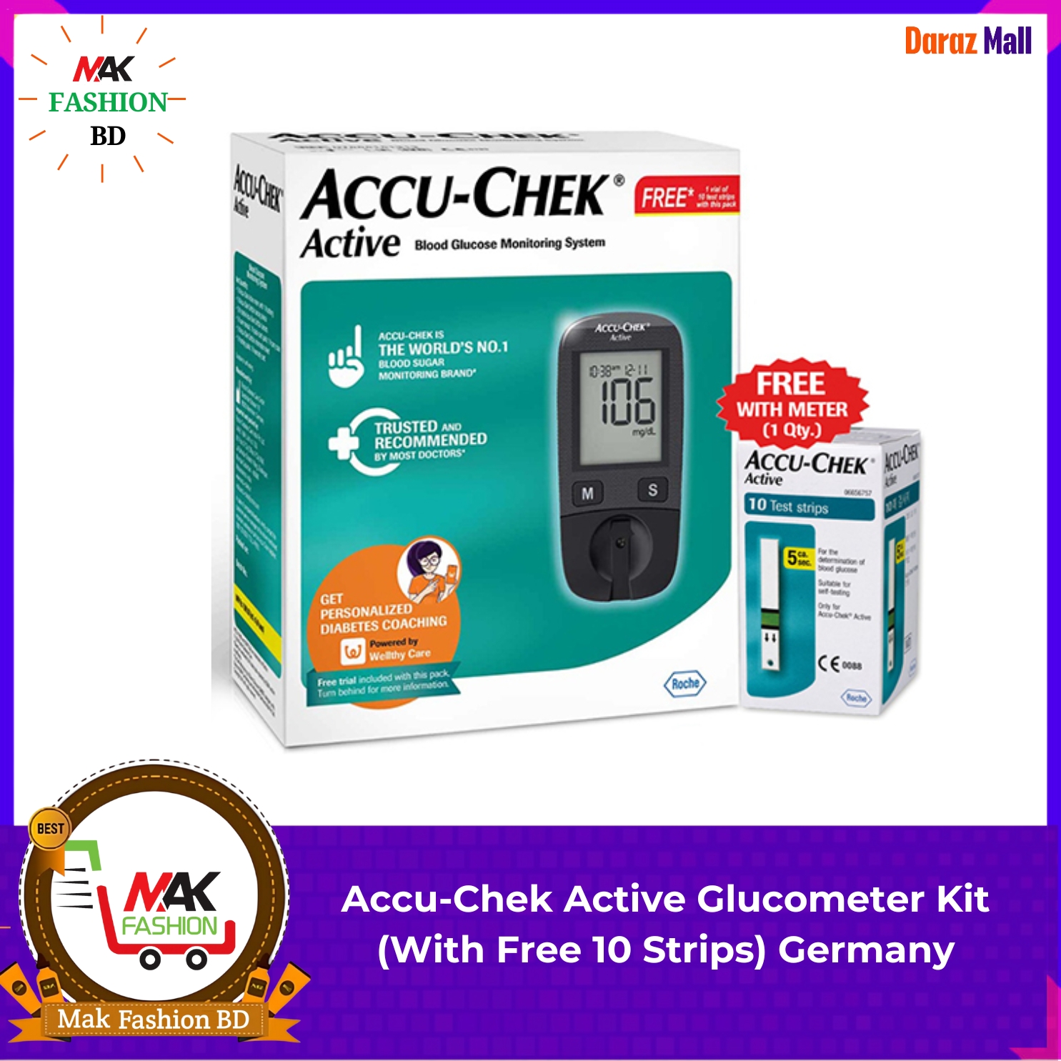 Accu Chek Active Blood Glucometer Monitoring System Meter With Free 10 Strips Germany 314556002