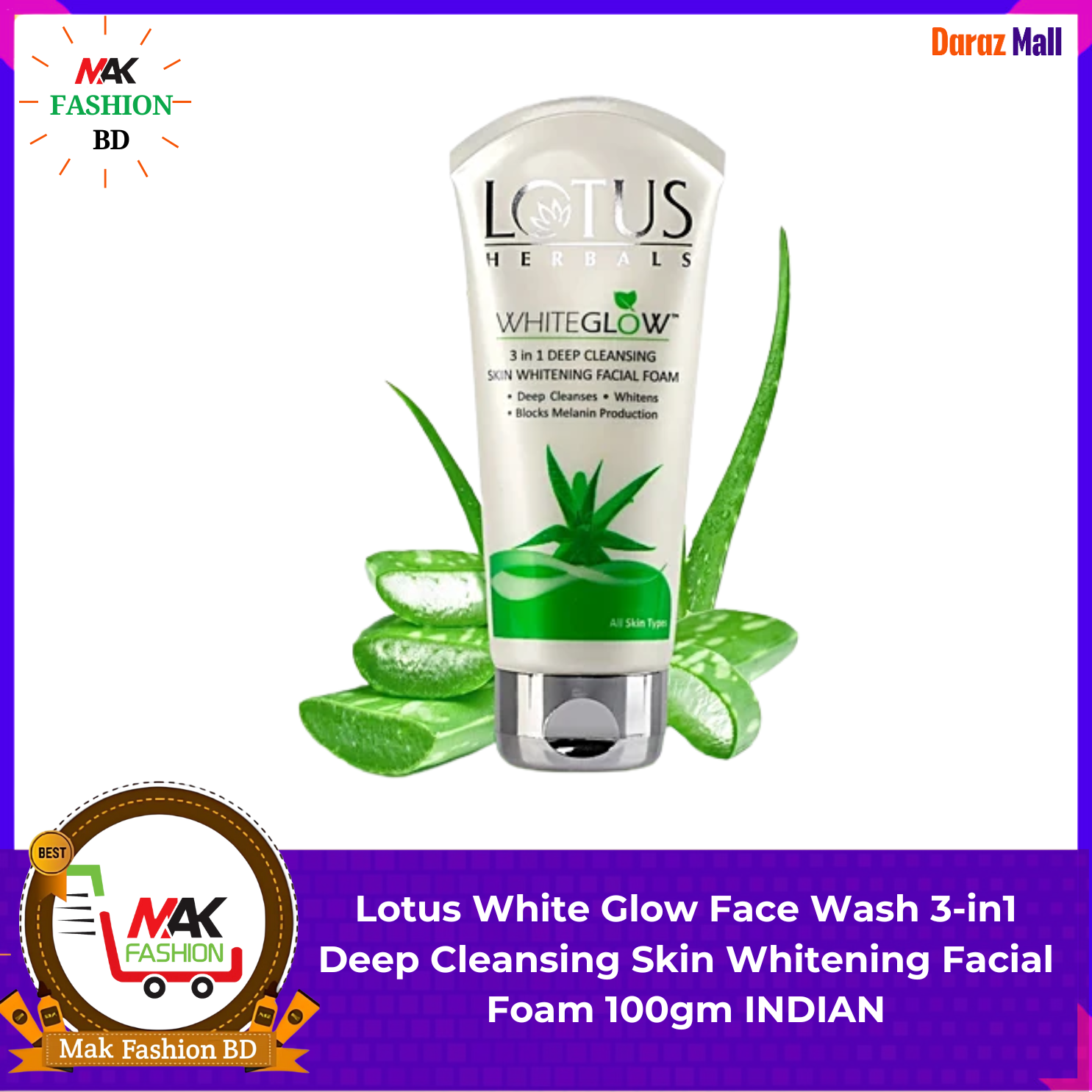 Lotus White Glow Face Wash 3-in1 Deep Cleansing Skin Whitening Facial Foam 100gm INDIAN 317865994