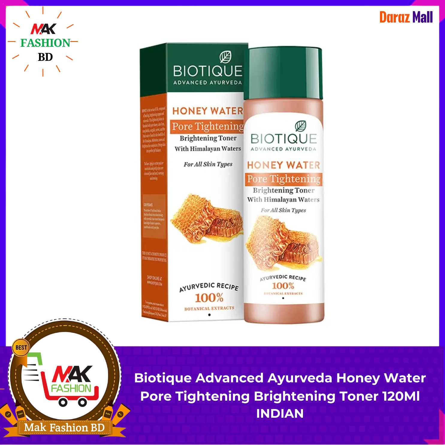 Biotique Pore Tightening Brightening Toner Honey With Himalayans Water For All Skin Types 120ml INDIAN 322979430