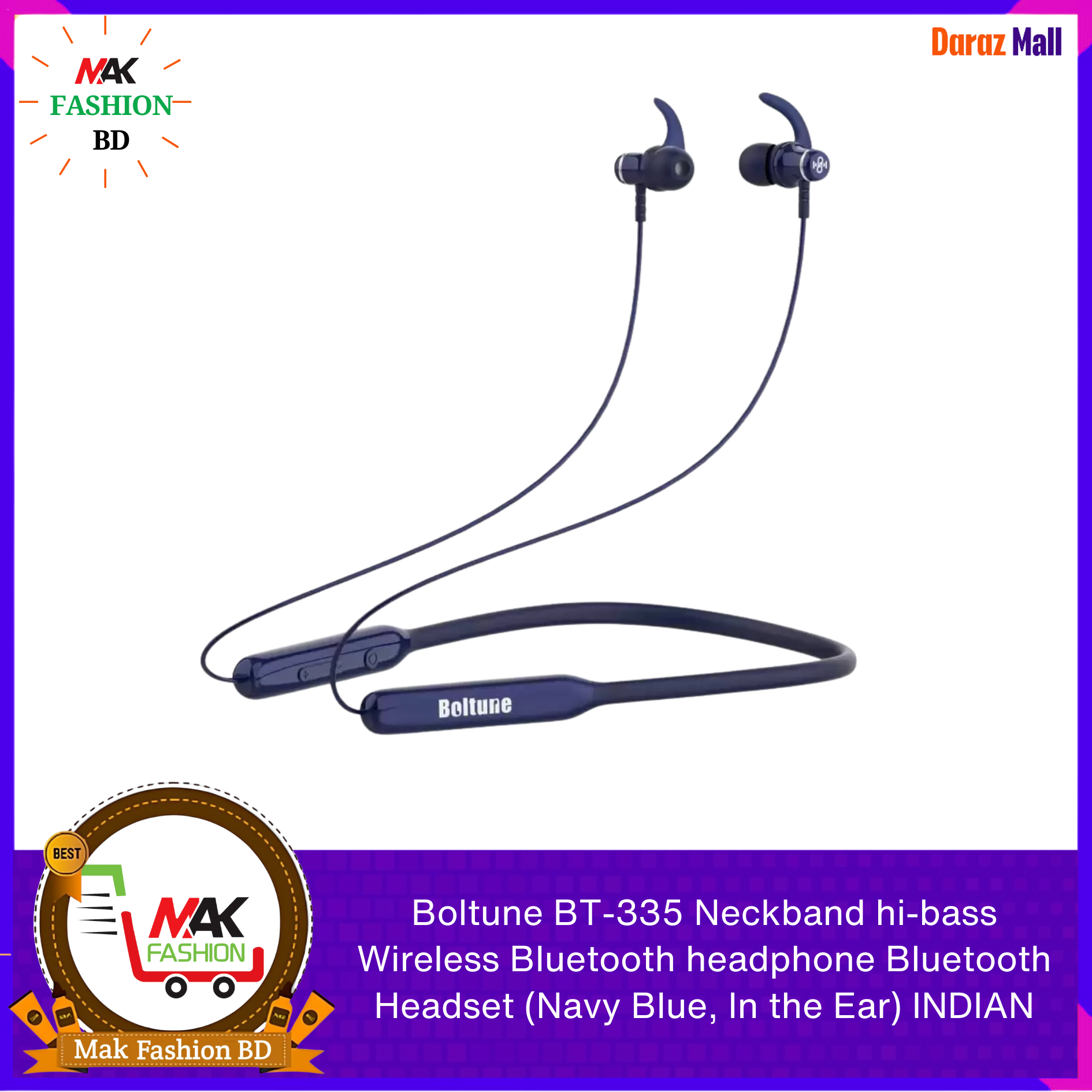 Boltune BT 335 Neckband hi bass Wireless Bluetooth headphone Bluetooth Headset Navy Blue In the Ear INDIAN 325473638