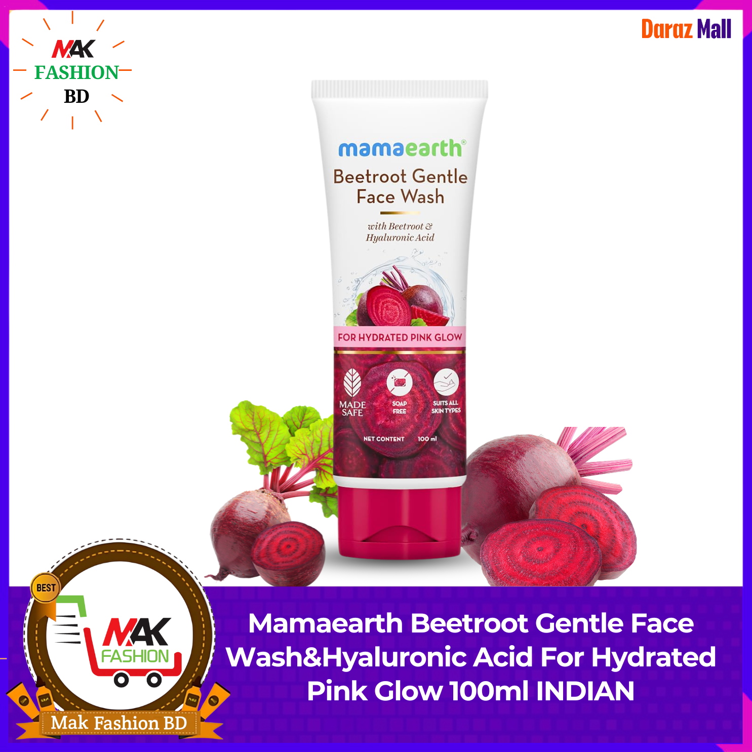 Mamaearth Beetroot Gentle Face Wash & Hyaluronic Acid For Hydrated Pink Glow 100ml INDIAN  491479558