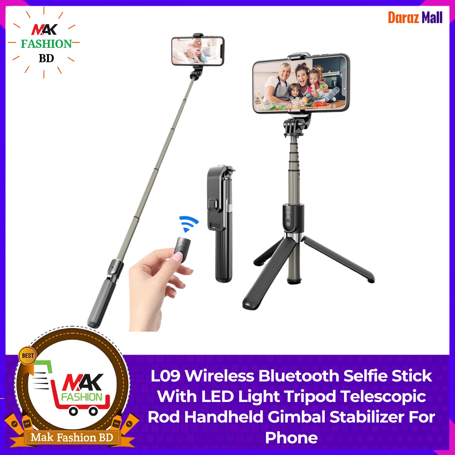 L09 Wireless Bluetooth Selfie Stick With LED Light Tripod Telescopic Rod Handheld Gimbal Stabilizer For Phone 328155468