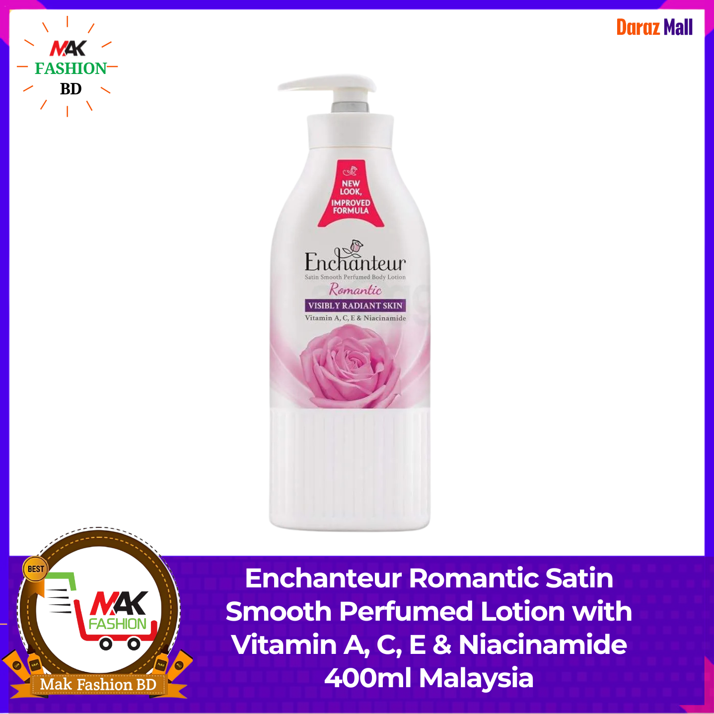 Enchanteur Romantic Satin Smooth Perfumed Lotion with Vitamin A, C, E & Niacinamide 400ml Malaysia 505447790