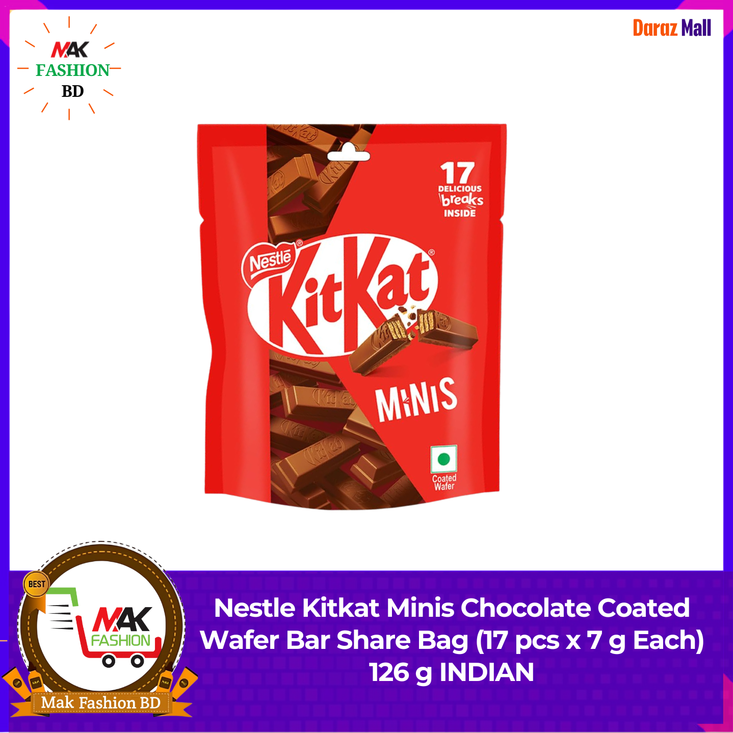 Nestle Kitkat Minis Chocolate Coated Wafer Bar Share Bag 17pcs 7g Each 126g INDIAN 424254520