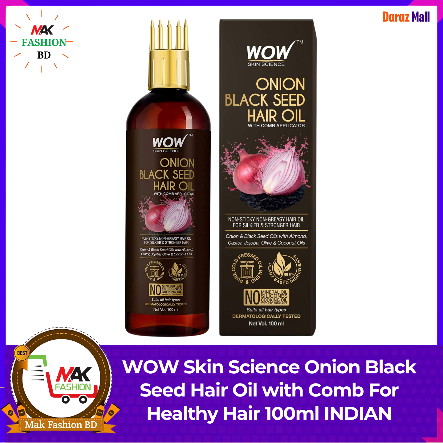 WOW Skin Science Onion Black Seed Hair Oil with Comb For Healthy Hair 100ml INDIAN  397187505
