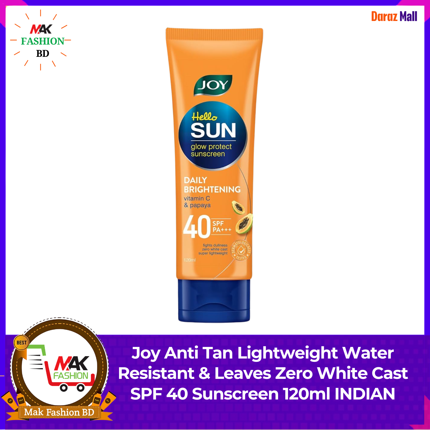 Joy Anti Tan Lightweight Water Resistant & Leaves Zero White Cast SPF 40 Sunscreen 120ml INDIAN 452305671
