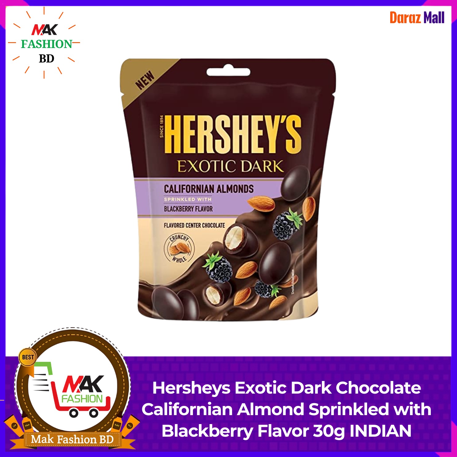 Hersheys Exotic Dark Chocolate Californian Almond Sprinkled with Blackberry Flavor 30g 2 Packets INDIAN 321797273