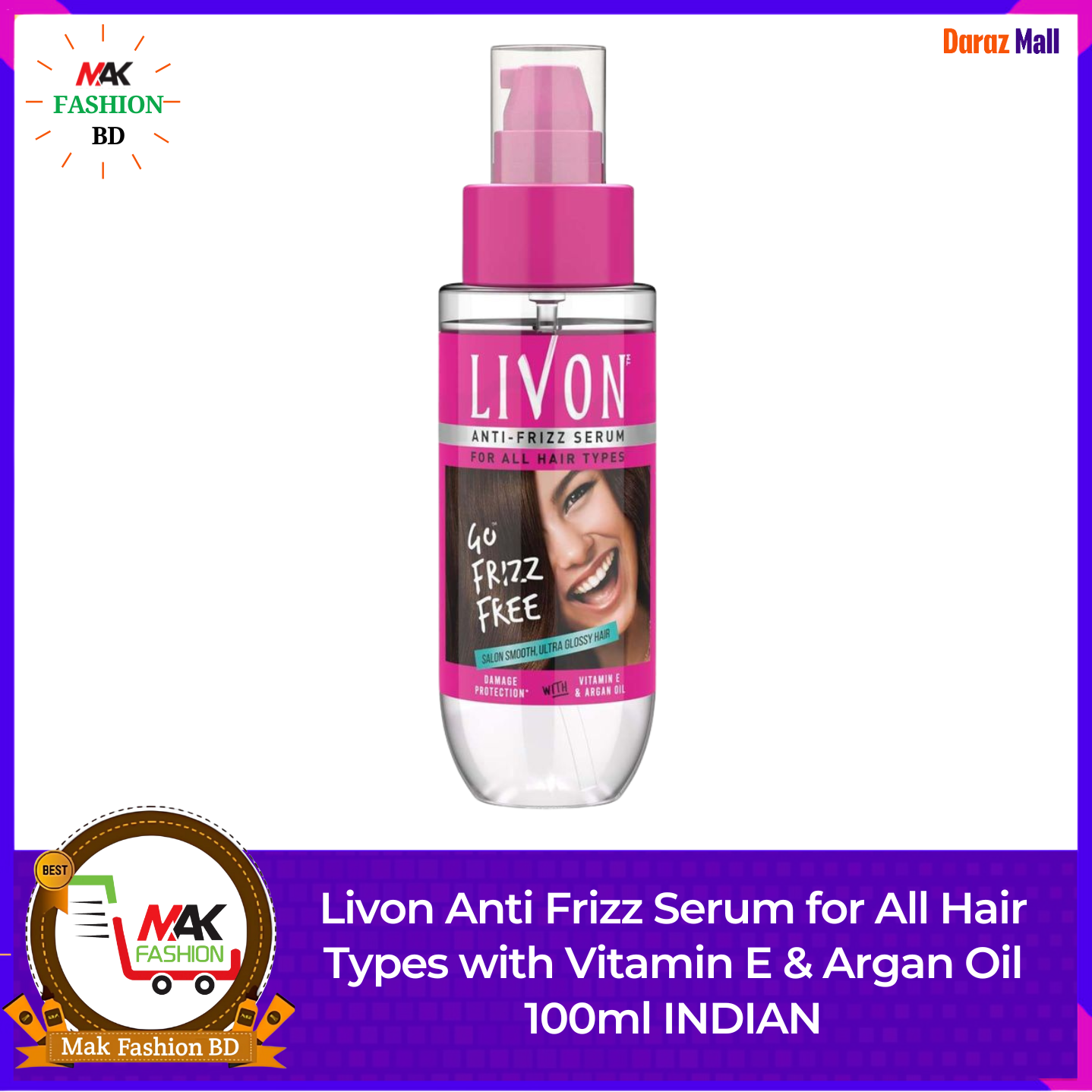 Livon Anti Frizz Serum for All Hair Types with Vitamin E & Argan Oil 100ml INDIAN 526432518