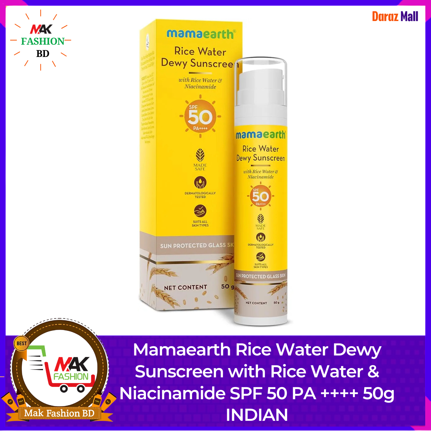 Mamaearth Rice Water Dewy Sunscreen with Rice Water & Niacinamide SPF 50 PA ++++ 50g INDIAN 526708454