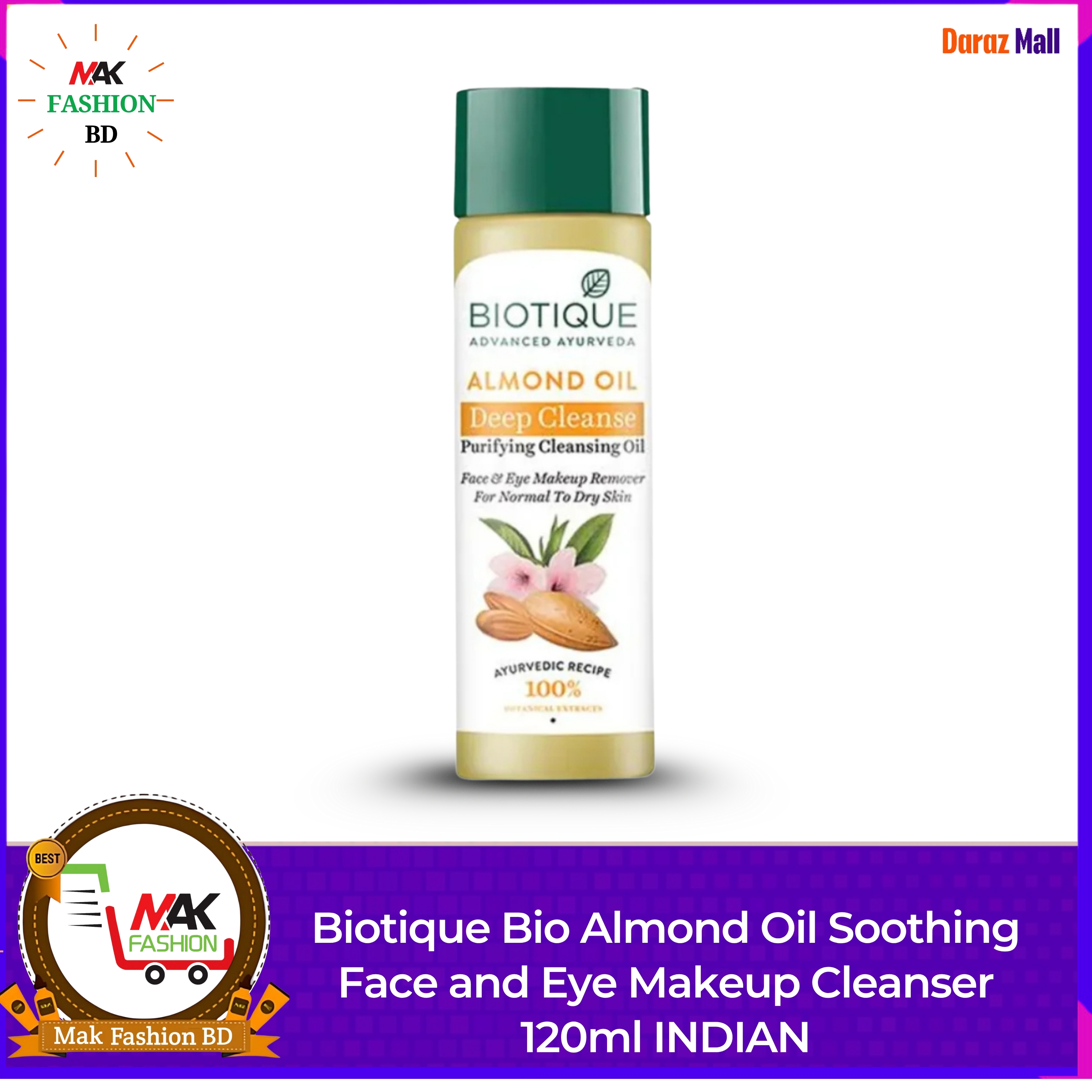 Biotique Advanced Ayurveda Almond Oil Deep Cleanse Purifying Cleansing Oil Face and Eye Makeup remover For Normal To Dry Skin 120ml INDIAN 171574448